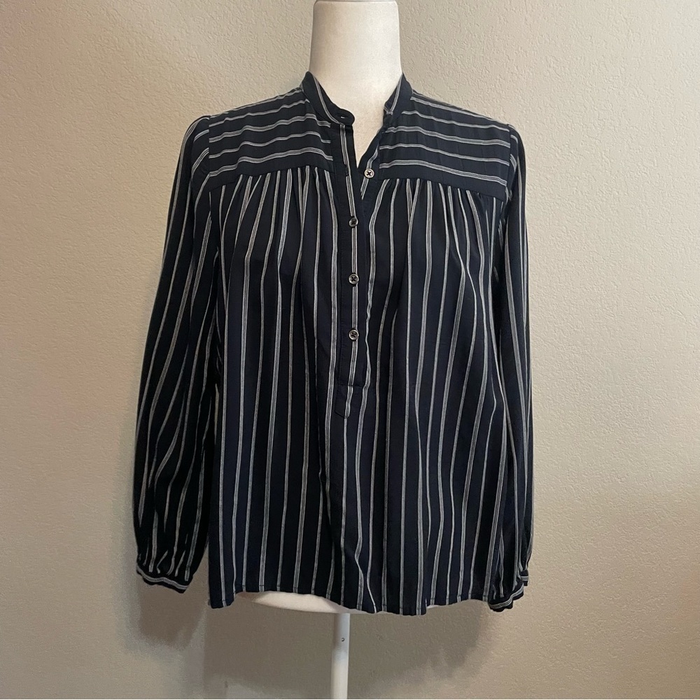 Lucky Brand Button Front Blue Striped Popover 1/2 Button Long Sleeve Shirt Top